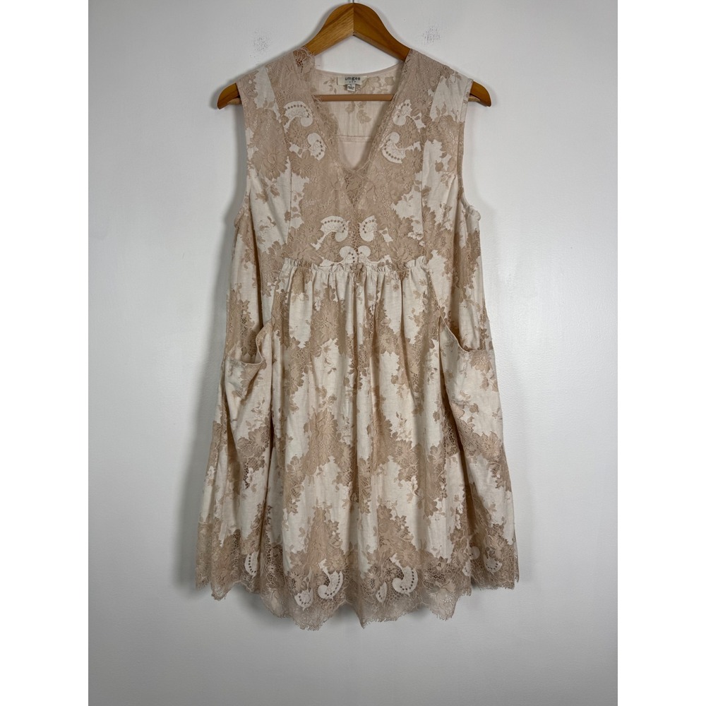 Cottagecore Umgee Womens L Sleeveless Lace Mini Dress Cream Beige C1275 Pockets